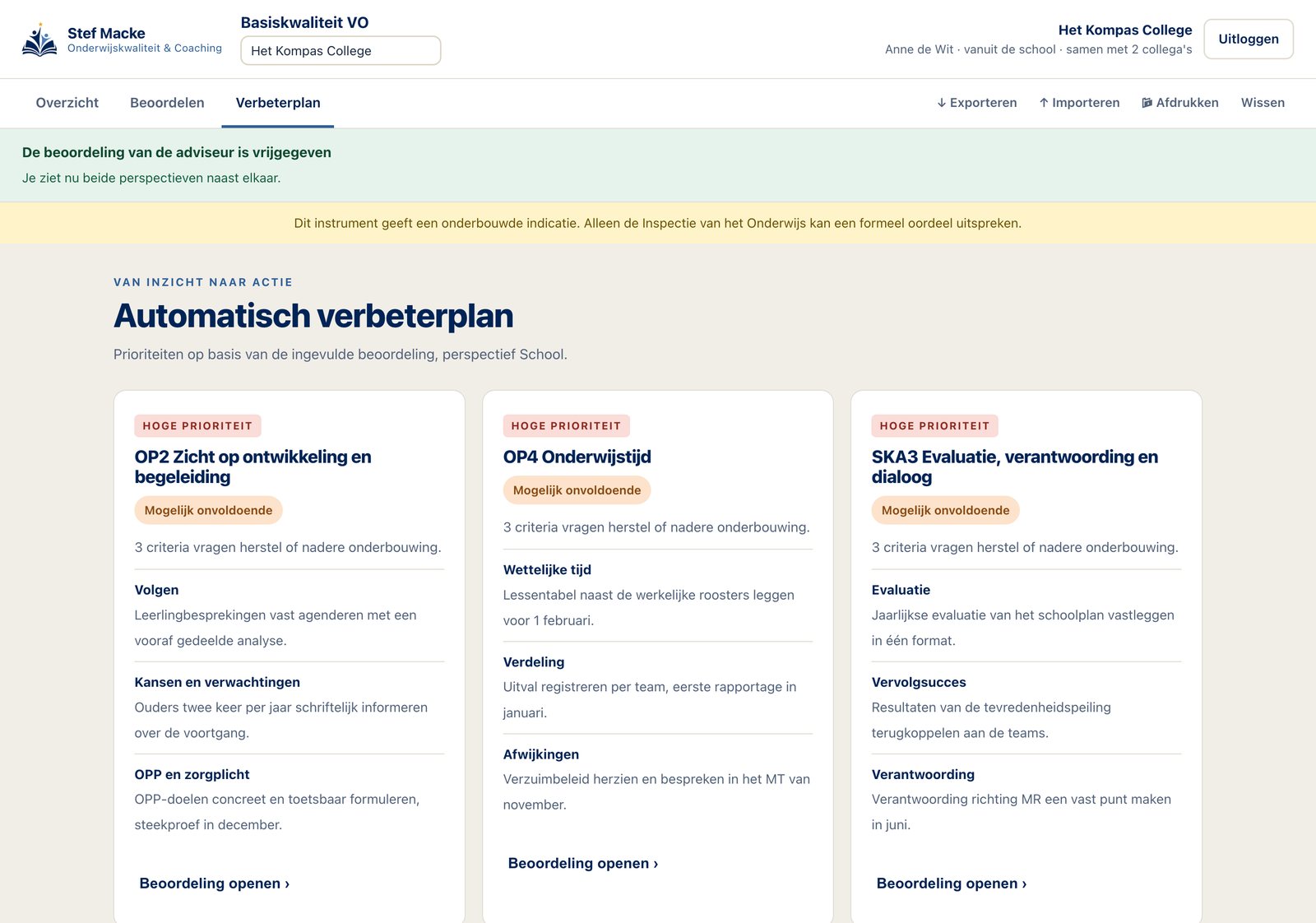 Scherm Automatisch verbeterplan: de standaarden met een risico, met per criterium de voorgestelde stap.